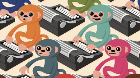 an illustration of many colorful monkeys typing on typewriters