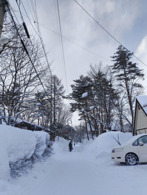 Looking down a snow-lined street in Hakuba, Japan. 