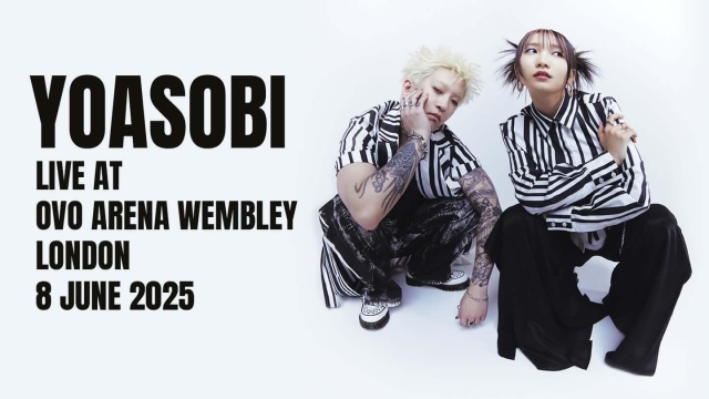 Photo of the duo YOASOBI dressed in coordinated black and white striped clothing and squatting close to each other for a pose. Next to it is the promotion for their first European headlining show in London.