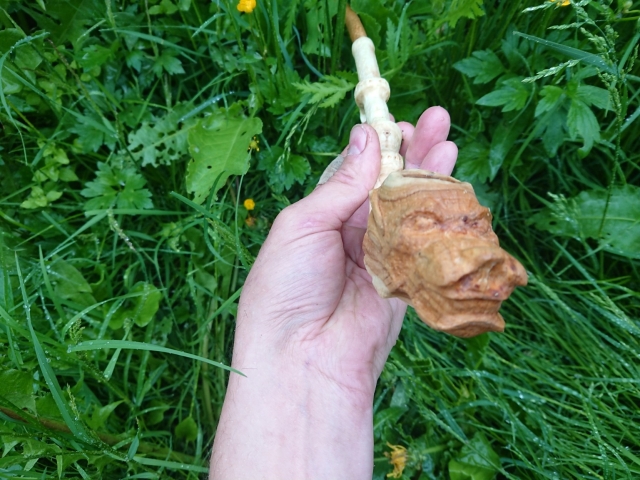 Green foliage at back round, then there's hand that holds pipe, bowl toward camera. Bowl looks like dragon head. Hand carved from wood.