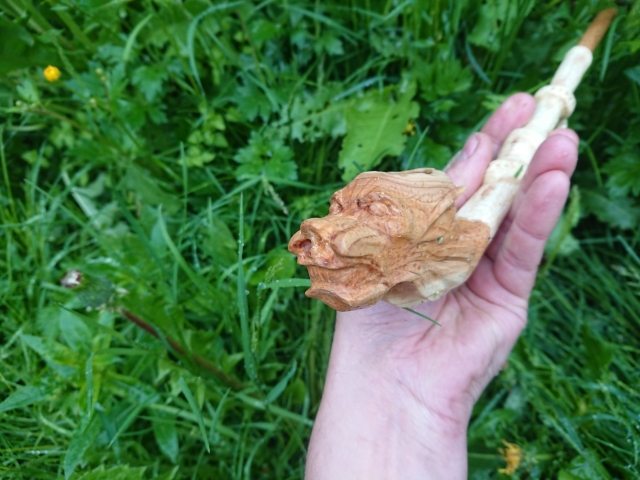 Green foliage at back round, then there's hand that holds pipe, bowl toward camera but slightly left to show side of the dragon. Bowl looks like dragon head. Hand carved from wood