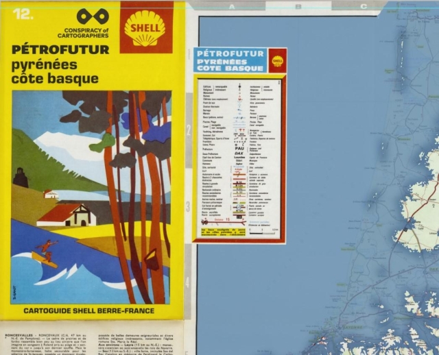 Cover of 1969 vintage Shell Oil road map of Cote Basque, modified to be a Petrofuture map--66m sea level rise layered on top. 