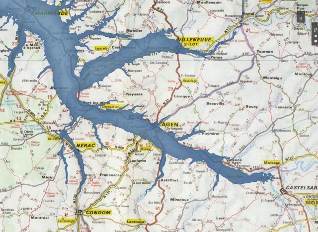 Detail of Petrofuture Cote Basque—1969 vintage Shell Oil road map with 66m sea level rise layered on top.