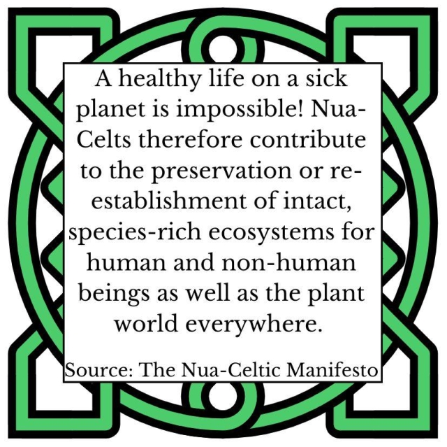 A healthy life on a sick planet is impossible! Nua-Celts therefore contribute to the preservation or re-establishment of intact, species-rich ecosystems for human and non-human beings as well as the plant world everywhere. Source: The Nua-Celtic Manifesto