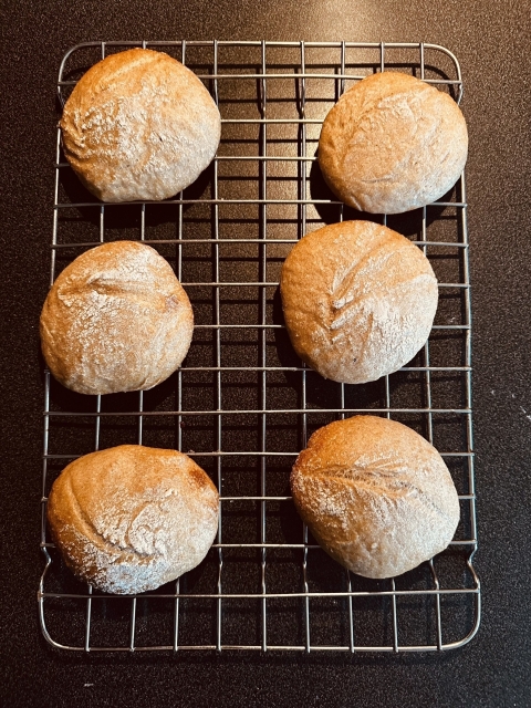 Auto-generated description: Six freshly baked, somewhat flat, bread rolls are cooling on a wire rack.