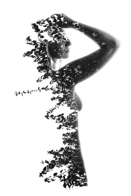 A naked woman is standing with her back to the camera, slightly tilted to that the silhouette of her right breast is visible. Her right arm is bent at the elbow with her hand resting on her forehead. The entire left hand side of the image (her back) fades into leaves and branches. Black and white. 