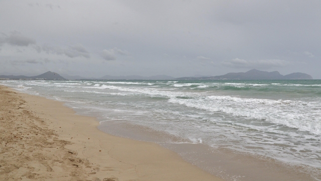 A photo of a sandy beach leading into the waves of a bay. There are hills in the distance. The sky is overcast.