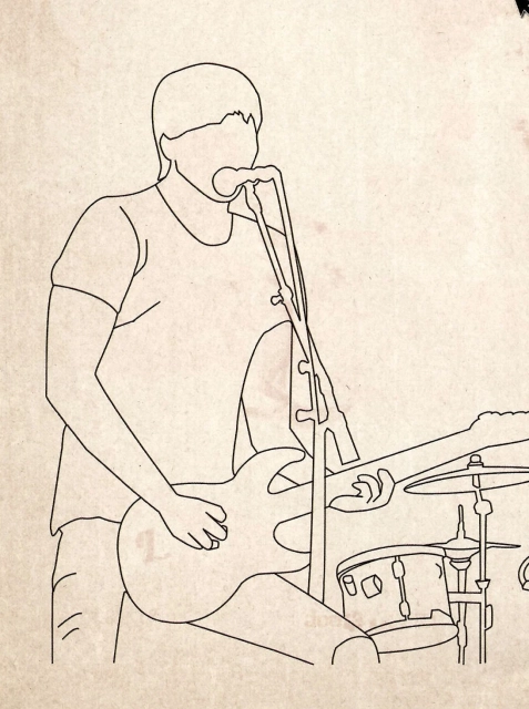 black & white outline drawing of a guitarist at a microphone. There's a drum kit in the background. 
