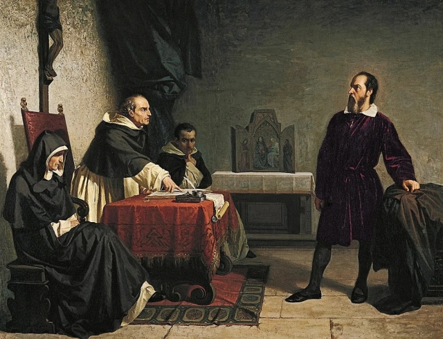 Cristiano Banti's 1857 painting Galileo facing the Roman Inquisition, with an angry-looking inquisitor in clerical attire, seated at a desk, pointing at a document, while a young Galileo, in purple velvet robe, appears unphased. Behind him hangs a statue of Christ. By Cristiano Banti - http://www.law.umkc.edu/faculty/projects/ftrials/galileo/galileotrial.jpghttps://www.newscientist.com/article/mg22530043-300-popes-impending-call-for-climate-action-is-refreshing/ image, Public Domain, https://commons.wikimedia.org/w/index.php?curid=631170