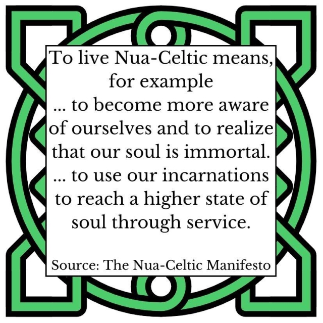 To live Nua-Celtic means, for example 
... to become more aware of ourselves and to realize that our soul is immortal.
... to use our incarnations to reach a higher state of soul through service.
Source: The Nua-Celtic Manifesto