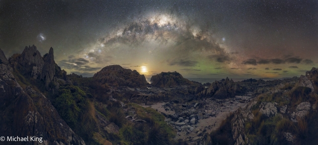 The Milky Way with the setting moon from the beach at Sarah Ann Rocks