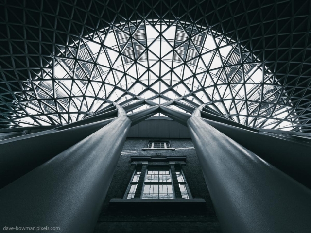 A photograph of the western concourse roof at King's Cross Station in London, showing its intricate diagrid pattern. Designed by John McAslan + Partners and completed in 2012, the semi-elliptical steel structure is anchored by a central tree-like column. The blue-toned monochrome treatment emphasises the sweeping lines and geometric design, blending modern engineering with the station's historic architecture.