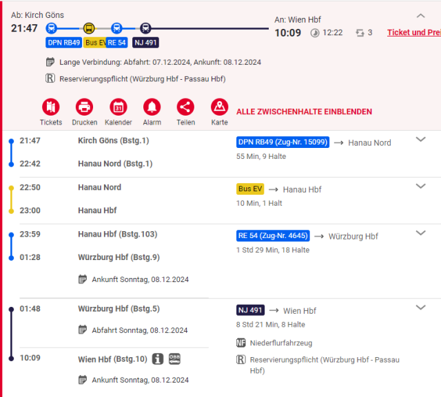 Die Empfohlene Route ab Kirch Göns mit 20 min Umstieg in Würzburg und 1h in Hanau plus Schienenersatzverkehr