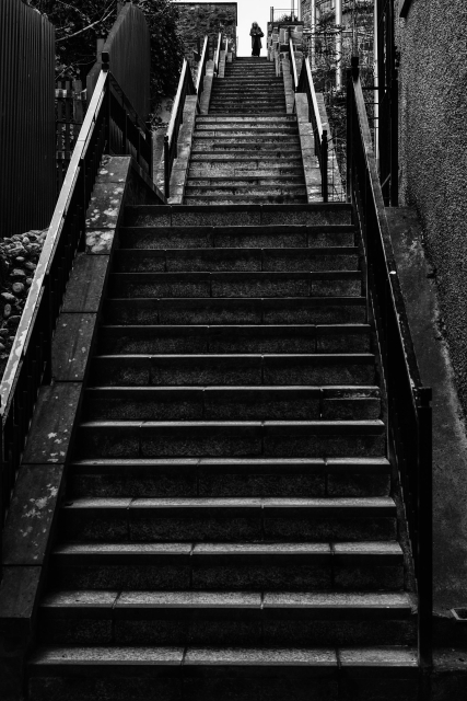 A person appears at the very top of a long flight off steep steps, silhouetted against a bright sky, in a black and white portrait format photograph taken from the very bottom of the series of steps