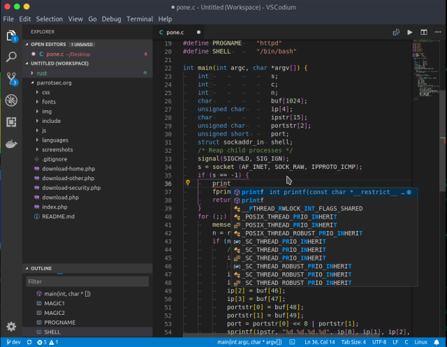 🕶️ A view of its user interface in a dark theme, with code editing on the right showing syntax highlighting, suggestions when entering code and code structuring in nested levels, the current project tree on the left, and the editor menus at the top and far left.

📚️ VSCodium is a telemetry-free fork (VSCodium=publishing Visual Studio Code binaries without telemetry) of Visual Studio Code, the Microsoft libre, multi-platform code editor, combining the simplicity of a code editor with what developers need for their edit, build and debug cycle, and leaving more complex workflows to more comprehensive IDEs, such as Visual Studio IDE. It offers full support for editing, browsing and understanding code, as well as lightweight debugging, a rich extensibility model and lightweight integration with existing tools.