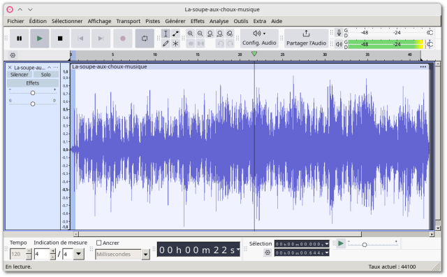 🕶️ Its UI (v. 3.7.0, on my Linux PC) showing the spectrogram of a recording (a jingle downloaded from the web) during playback.

📚️ Audacity is a libre and multi-platform multi-tracks audio software, allowing recording, editing (cut, copy, paste, erase, mix) and application of different filters and effects (pitch, tempo, noise reduction, equalizer, Fourier filters, frequency, compression, amplification, normalization, echo, phaser, wahwah, inversion, ...). Its plug-in system allows it to add external features (support of LADSPA, VST, Nyquist, VAMP, ...). It's a mature software offering tons of possibilities. It gave rise to several forks following the gathering of user data (telemetry) (IP address for 24 hours, system info, error report (optional)).