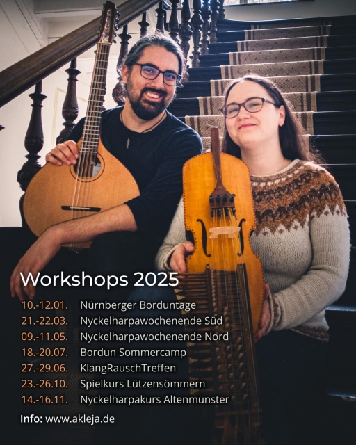 Two people sitting on the steps a wooden staircase. The bearded man on the left is smiling and holding a cittern (looks a bit like an Irish bouzouki), the woman on the right is also smiling and holding her nyckelharpa. The text in the picture is our workshop dates for 2025 (see post).