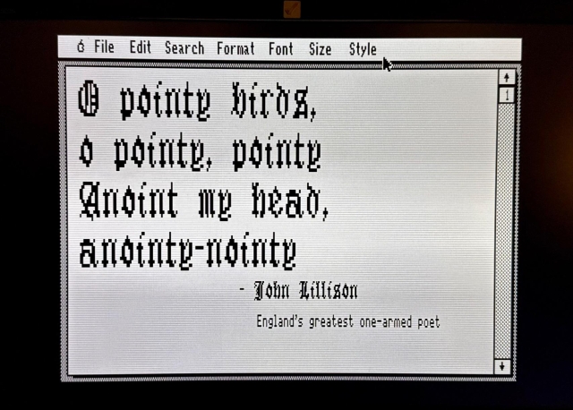 A screenshot of MutiScribe running on the Apple IIe with a poem by John Lillison on the screen