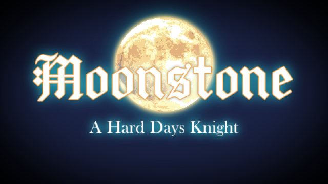 The image shows a night sky with a pixel art full moon.
On top of that is the text "Moonstone - A  Hard Days Knight".