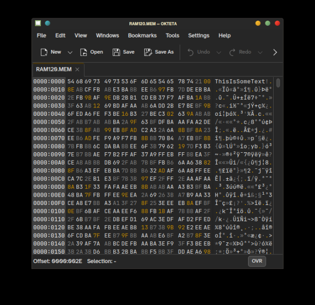 Dump of RAM page 0x20. At the top you can see 16 bytes that have been written directly to the page, saying: "ThisIsSomeText! "