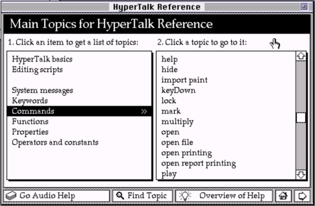 HyperCard 2.x for Mac HyperTalk Reference stack. The scrollbar thumb is just a square white box.