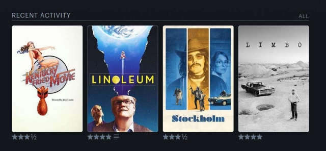 Screenshot from Letterboxd account showing thumbnails of posters for the movies The Kentucky Fried Movie (1977),  Linoleum (2022), Stockholm (2018), and Limbo (2023)