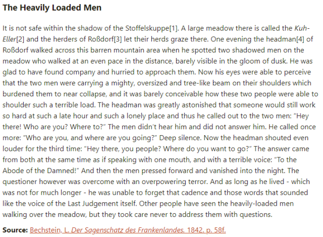 German folk tale "The Heavily Loaded Men". Drop me a line if you want a machine-readable transcript!