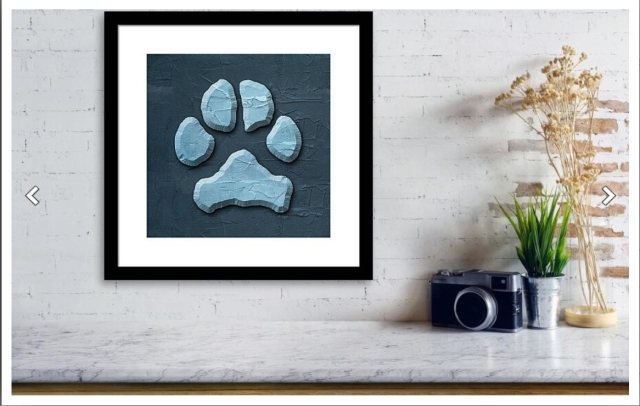 Light blue dog paw on dark blue with a denim feel by artist Sharon Cummings.  Haiku in post.