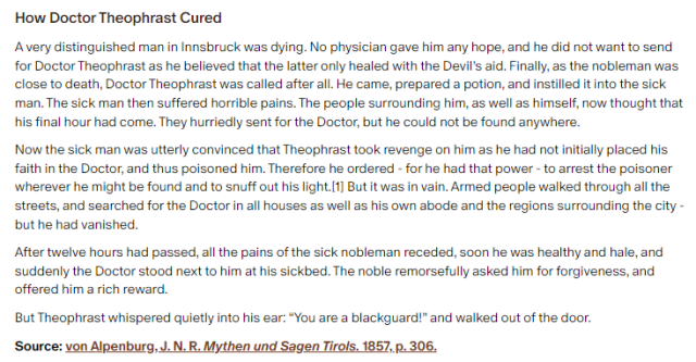 German folk tale "How Doctor Theophrast Cured". Drop me a line if you want a machine-readable transcript!