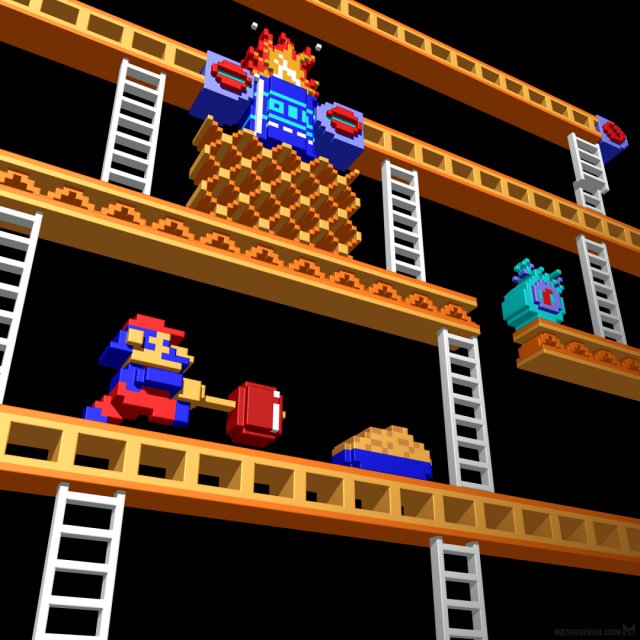 Voxel artwork depicting the classic Donkey Kong arcade game.