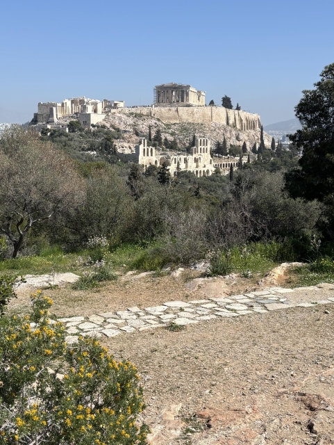 Photo from my husband, who is in Athens, Greece. In the foreground a gravel path is flanked by trees and bushes, natural looking, not landscaped. In the distance is a very classic collection of Greek ruins atop a hill. I unfortunately have no info on these as he texted me this picture with no explanation. The stone ruins feature columns and are set against a very blue, cloudless sky. 