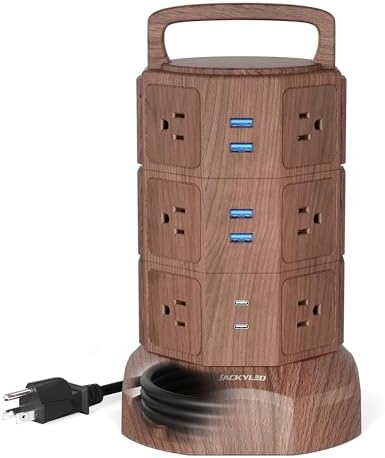 JACKYLED Power Strip Tower Surge Protector with 6.5ft Extension Cord 6 USB Ports and 12 AC Outlets Electric Charging Station for Home Office Dorm Desktop Computer Walnut and Black